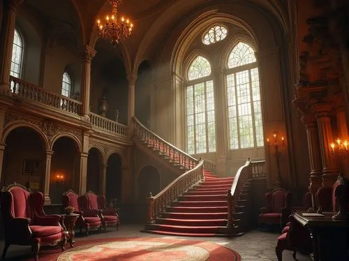 royal interior,entrance hall,ornate room,staircase,zaal,foyer,harlaxton,victorian room,teylers,concertgebouw,chateauesque,chateau,rijksmonument,hallway,kasteel,staircases,outside staircase,blickling,academie,chateau margaux,Photography,General,Realistic