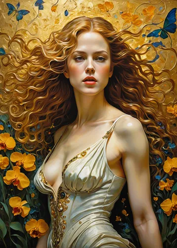 , Sfumato and chairoscuro Painting, attractive woman look like nicole kidman jennifer aniston amd venus by botticelli, best quality, picking exotic flowers, marigold, orchids, iris, vines, dynamic eng