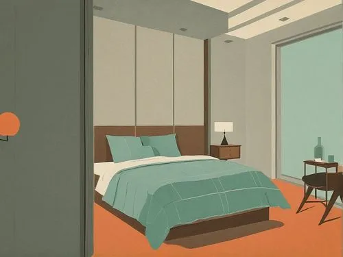 mid century modern,modern room,bedroom,guest room,guestroom,sleeping room,mid century,japanese-style room,mid century house,daylighting,rooms,children's bedroom,danish room,an apartment,hotelroom,teal and orange,room lighting,boy's room picture,dormitory,room,Illustration,Japanese style,Japanese Style 08