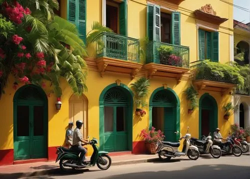 French Vietnamese architecture, colonial-style building, intricate carvings, ornate balconies, curved lines, vibrant yellow walls, green shutters, red-tiled roofs, lush greenery, tropical plants, palm