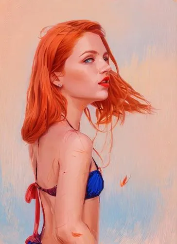  a portrait half body of a caucasian girl, aged between 23 years, red hair, blue eyes, red lips, stand tall on the sandy shore of a tropical beach. She's wearing a  black bikini . The beach is filled 