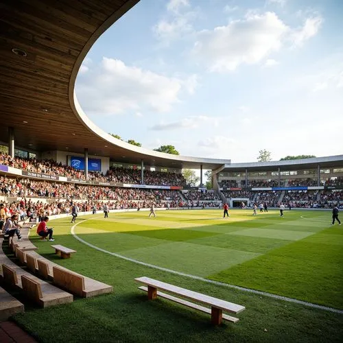 Curved organic stadium design, lush green grass, natural stone seating areas, wooden benches, vibrant team colors, dynamic crowd atmosphere, sunny day, soft warm lighting, shallow depth of field, 3/4 