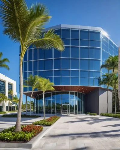 Modern Fort Lauderdale office building, contemporary architecture firm, glass facade, sleek lines, minimalist entrance, wooden accents, tropical plants, cityscape background, sunny weather, blue sky, 