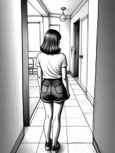 girl walking away,megatokyo,corridors,corridor,erma,hallway