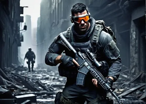 David Mason, Black Ops 2, male, muscular build, rugged facial features, intense gaze, short black hair, tactical goggles, camouflage uniform, combat boots, assault rifle, backpack, night vision, steal