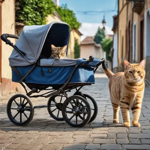 baby carriage,stroller,carrycot,cat family,street cat,blue pushcart,baby mobile,baby carrier,cat european,dolls pram,family outing,baby-sitter,ginger family,red tabby,delivering,handcart,transportation,newspaper delivery,baby care,caravanning,Photography,General,Realistic