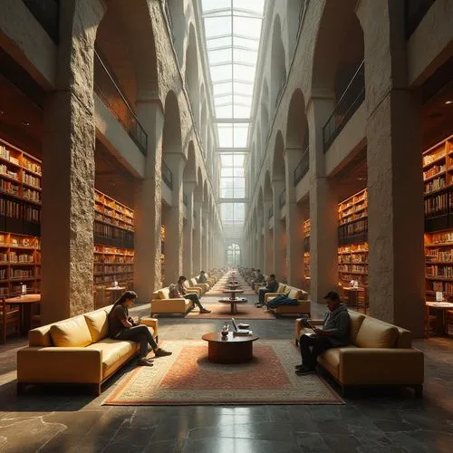 Urban library, grand interior, sandstone material, rustic texture, earthy tone, natural light pouring through large skylights, comfortable reading nooks, wooden shelves, floor-to-ceiling bookcases, wa