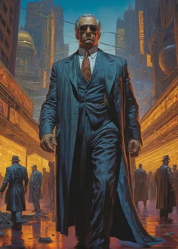 kingpin,mafia,stan lee,cyberpunk,billionaire,matrix,sci fiction illustration,walking man,ceo,enzo ferrari,spy,banker,secret service,dr. manhattan,dystopian,mobster,white-collar worker,businessman,godfather,the pandemic,Illustration,Retro,Retro 14