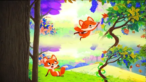 Extend background,foxes,children's background,cartoon video game background,cartoon forest,forest background,child fox,garden-fox tail,cute cartoon image,fox hunting,little fox,apple pair,screen backg