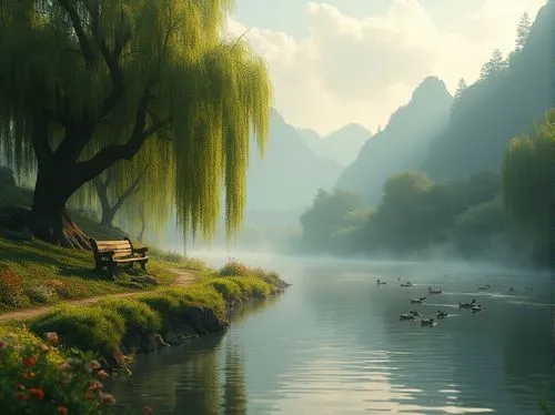 river landscape,landscape background,fantasy landscape,green landscape,tranquility,nature landscape,beautiful landscape,landscape nature,shaoming,calmness,quietude,meadow landscape,world digital painting,tranquillity,weeping willow,serenity,calm water,nature background,forest landscape,japan landscape,Photography,General,Realistic