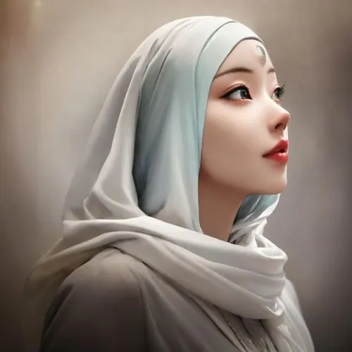 the painting of a woman in white and blue wearing a scarf,the prophet mary,suyin,nunsense,galadriel,hijab,world digital painting