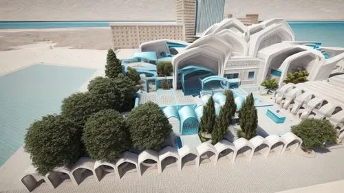 Realistic rendering of the Aghamiri Art Cultural Foundation with Iranian arches and white, pale blue and turquoise colors. 
And the background of the city should be a building and not the sea 
And the