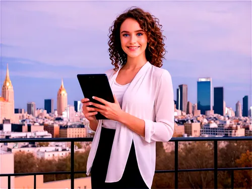 Businesswoman, marketing professional, solo, (25yo), confident smile, blue eyes, curly brown hair, minimal makeup, white blouse, black pencil skirt, high heels, holding tablet, standing, cityscape bac