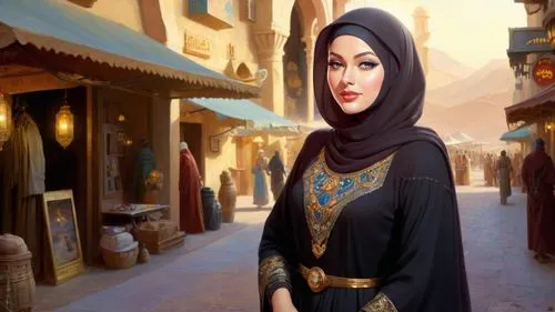 Romantic masterpiece oil painting, beautiful girl portrait, abaya dress, nostalgic 1950's style kitsch, breathtaking beautiful epic vast landscape, Tatooine, Mos Eisley Spaceport, majestic scenery, st