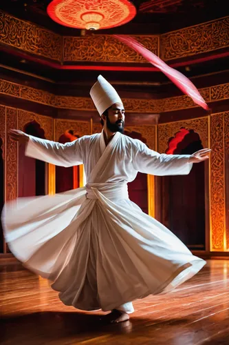 red, swirling dervish, dynamic pose, spinning movement, traditional costume, white robe, tall hat, flowing fabric, intricate patterns, spiritual dance, Sufi ceremony, indoor setting, wooden floor, sof