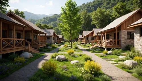 ecovillages,ecovillage,lodges,alpine village,cabins,wooden houses,chalets,3d rendering,render,lefay,aprica,mountain settlement,mountain huts,boardinghouses,chalet,longhouses,auberge,mountain village,cohousing,metsovo