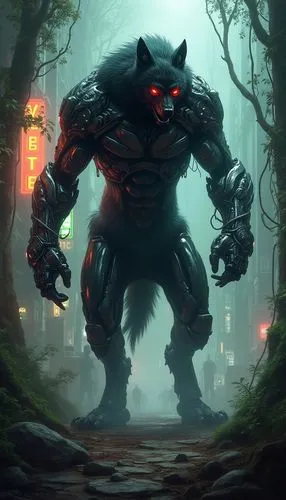 Create a battle-ready cyborg werewolf in a highly stylized, semi-realistic digital painting style similar to the previous design, emphasizing the fusion of organic and mechanical elements. This werewo