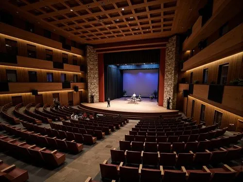 Tiered seating, curved rows, comfortable chairs, ample legroom, optimal viewing angles, central performance stage, dramatic spotlights, warm color scheme, rustic stone walls, natural wood accents, atm