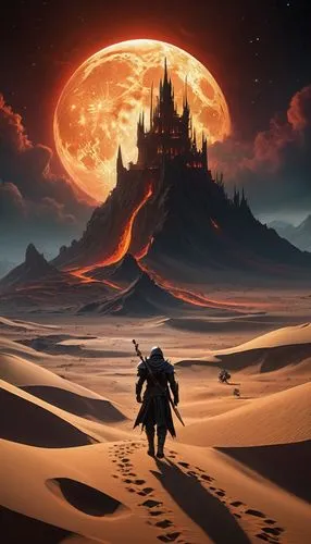 BLOODBORN art, ELDEN RING Style, dungeon and dragons style, waters are rising as the moon moves out of orbit and approaches the apocalyptic Earth  ruins to impact. desert scene  alien rocks large dune