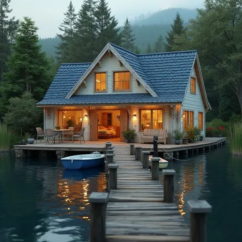 house with lake,house by the water,summer cottage,boat house,boathouse,floating huts,cottage,beautiful home,houseboat,the cabin in the mountains,small cabin,dreamhouse,pool house,wooden house,log home,deckhouse,inverted cottage,summer house,fisherman's house,boat shed,Photography,General,Realistic