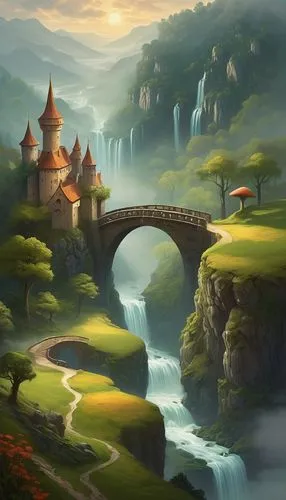 fantasy landscape,rivendell,fantasy picture,dragon bridge,landscape background,gondolin,meteora,world digital painting,beleriand,nargothrond,cartoon video game background,fantasy art,skylands,elves country,riftwar,river landscape,home landscape,hinterlands,fantasy world,adventure bridge,Art,Artistic Painting,Artistic Painting 25