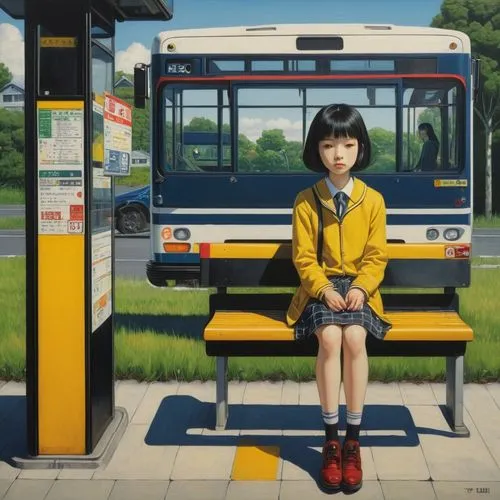 bus stop,busstop,the girl at the station,bus,bus shelters,yellow line,school bus,firstbus,public transportation,city bus,public transport,autobus,street car,yukiko,transit,schoolbus,petrol pump,metrostudy,postauto,girl sitting,Illustration,Realistic Fantasy,Realistic Fantasy 08