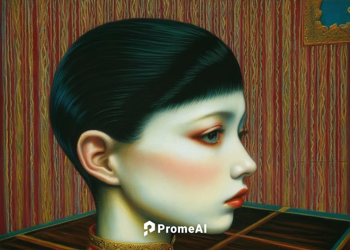 tretchikoff,yasumasa,magritte,deformations,art deco woman,paschke,mannikin,japanese woman,goude,surrealism,toshio,jianfeng,bloned portrait,waxwork,geisha girl,rankin,maiko,fantasy portrait,mystical po