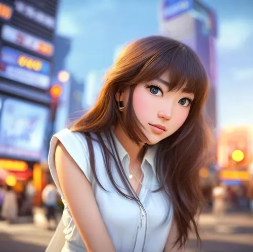 a photography of a beautiful asian 25 years old, blue eyes, long brown hair wearing a white dress stand up in a street of tokio city at sunset as background in k,japanese woman,city ​​portrait,asian w