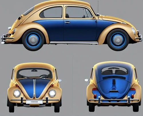 VW Beetle California style, metallic blue, tinted windows, with large rims and fenders and a large rear spoiler,two blue and yellow cars with wheels on the front,volkswagen vw,volkswagen beetle,volksw