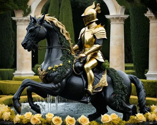  golden knight riding on the black dragon back,statue of knight riding horse in park setting,the horse at the fountain,condottiero,cavalry,bronze horseman,equestrian statue,samarrai,Conceptual Art,Fan