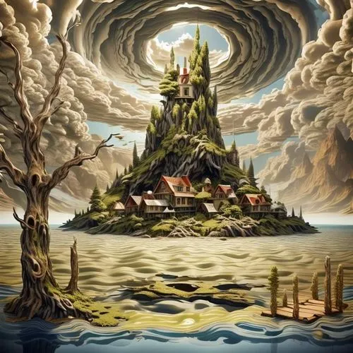 mushroom island,mushroom landscape,fantasy landscape,fantasy picture,floating island,an island far away landscape,fantasy art,fairy chimney,witch's house,cloud mountain,floating islands,world digital painting,swampy landscape,acid lake,fairy house,fantasy world,el salvador dali,the ugly swamp,surrealism,bird kingdom