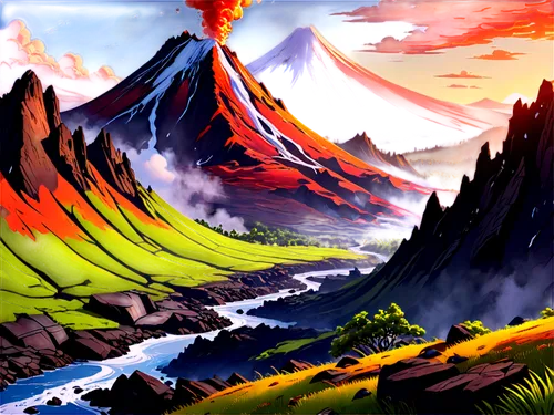 volcanic landscape,volcanoes,mountain world,fire mountain,volcanos,krafla volcano,volcanic,mountain plateau,mountains,mountain landscape,stratovolcanoes,mountainous landscape,mountain valleys,the volcano,volcanism,mountain scene,mountainsides,mountain slope,mountain,mountainside,Illustration,Japanese style,Japanese Style 07