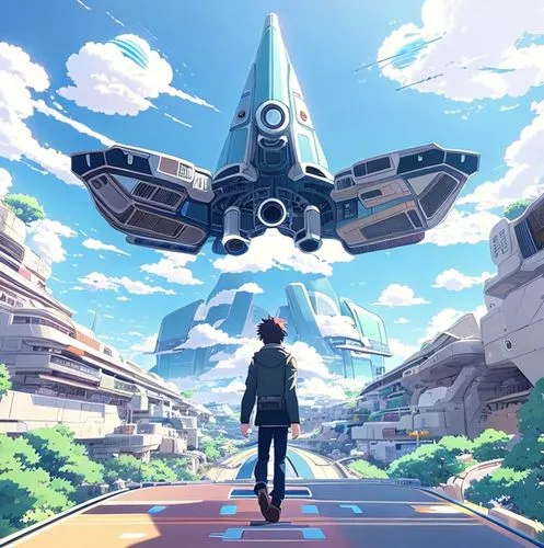 cg artwork,sky space concept,futuristic landscape,journey,studio ghibli,would a background,violet evergarden,traveler,beyond,sky,futuristic,travelers,game art,concept art,voyage,sentinel,dream world,victory ship,odaiba,beacon,Common,Common,Japanese Manga