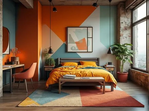 teal and orange,geometric style,modern decor,aperol,oranje,orange,ochre,orange color,modern room,interior design,contemporary decor,color combinations,warm colors,an apartment,roominess,bright orange,color wall,loft,yellow orange,orange half,Photography,General,Realistic