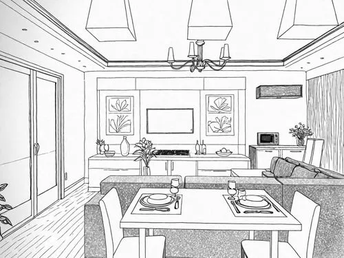 black and white illustration of a dining room,kitchen,big kitchen,the kitchen,kitchen interior,kitchen design,sketchup,Design Sketch,Design Sketch,Detailed Outline