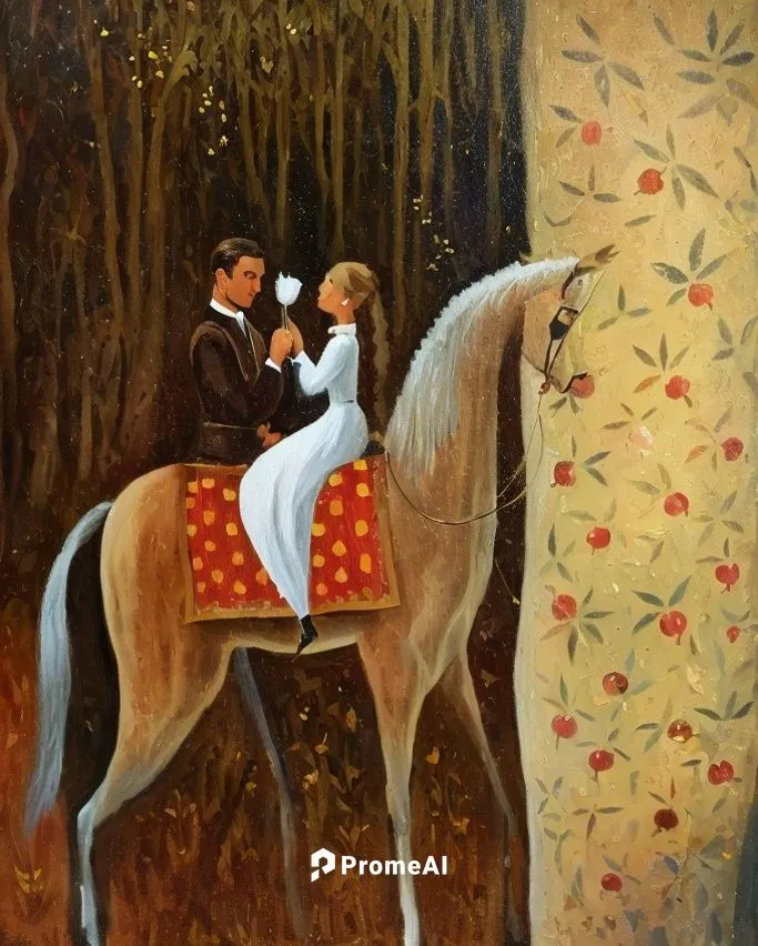 olpntng style, painting of a man and a woman on horseback, on the right is a light spot of a fruit tree, cherries, apples in flat style, cortina inspired by Anna and Elena Balbusso, folk art, Svetlana