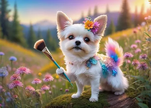 flower animal,spring unicorn,flower background,fantasy animal,flower fairy,little girl fairy,dog angel,colorful daisy,flower girl,unicorn background,fantasy picture,springtime background,shih tzu,indian dog,animals play dress-up,westie,beautiful girl with flowers,colorful background,cute puppy,faerie,Illustration,Retro,Retro 02