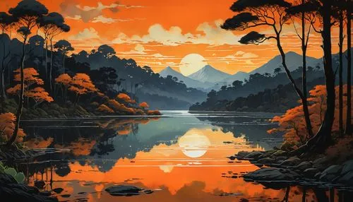 river landscape,evening lake,paisaje,forest lake,world digital painting,landscape background,nature background,orange,nature landscape,refleja,mountainlake,forest landscape,orange sky,beautiful wallpaper,mountain lake,painting technique,acid lake,reflejo,beautiful lake,oranje,Illustration,Realistic Fantasy,Realistic Fantasy 03