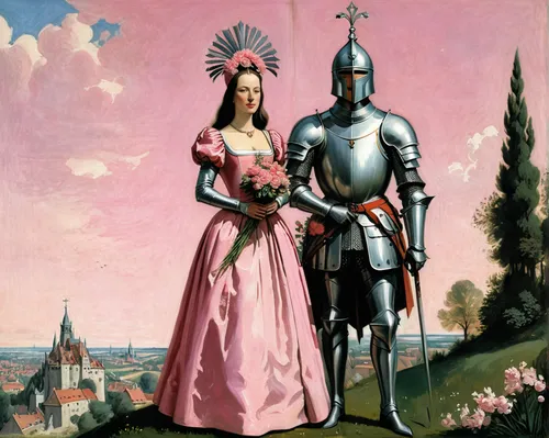 couple woman in medieval dress with high headdress and knight in armor with bouquet of flowers standing next to each other, storybook illustration, Terry Oakes, tumblr, but the armor covers his face, 