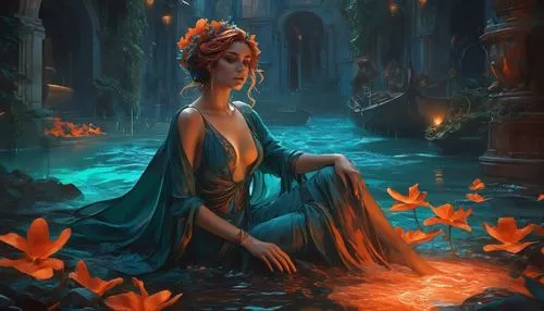 seelie,fantasy art,persephone,fantasy picture,sorceress,fantasy portrait,naiad,orange robes,nami,orange rose,inara,zire,sorcerous,melisandre,melusine,water nymph,rusalka,fathom,fantasia,mystical portrait of a girl,Conceptual Art,Fantasy,Fantasy 34