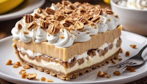 a slice of no bake dessert on a white plate,tiramisu,white chocolate mousse,cream cheese cake,rogel,nut-nougat cream,ice cream cake with chocolate sauce,Photography,General,Realistic