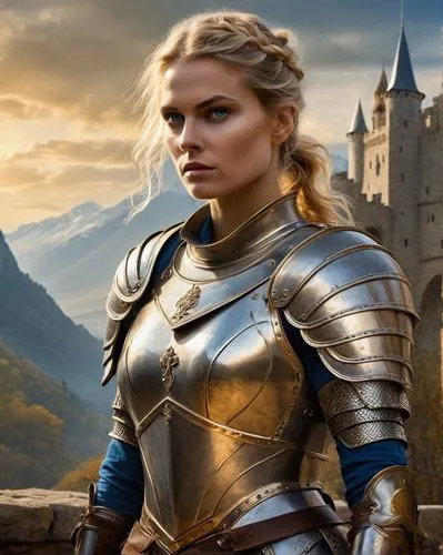 Annabeth Chase, official art, female warrior, strong facial expression, blue eyes, blonde hair, ponytail, silver armor, breastplate, gauntlets, sword at side, confident stance, heroic pose, grand cast