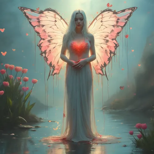 Wings flutter, heart light pulses,,the woman in a pink butterfly outfit stands in water with butterflies hanging from her wings,winged heart,angel's tears,angel wings,faery,angel,seraphim