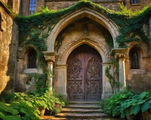 Romaneque architecture, ancient stone building, grandiose entrance, ornate doorway, arched windows, intricate carvings, vibrant stained glass, rustic stone walls, weathered roof tiles, sprawling green