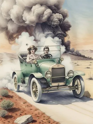 Pen drawing: Mrs. Clara Jane Ford is at the center of the action. She is driving a Ford (Model T) through a Texan landscape, its dark green paint reflecting the bright sunlight. The intricate details 