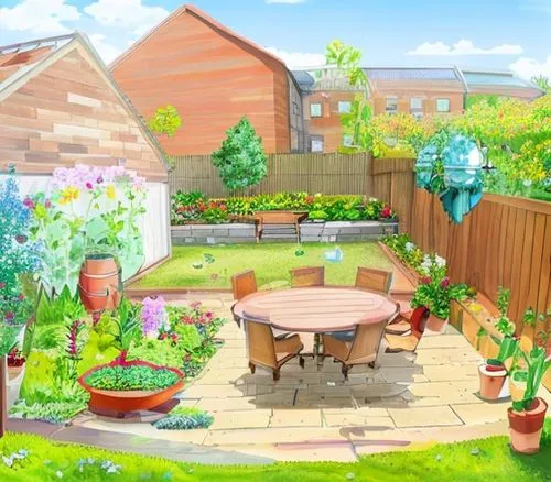 Garden with flowers, trees water containers, lawn, patio on sunny day. Red brick buildings and timber fences,spring background,springtime background,summer border,home landscape,garden furniture,engli