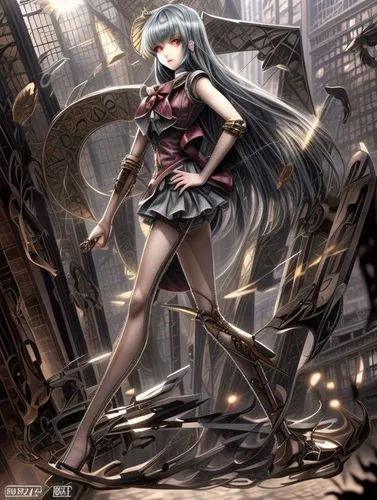 an anime girl in front of a giant creature in a city,peko,kurumi,takane,chaika,iruma,junko