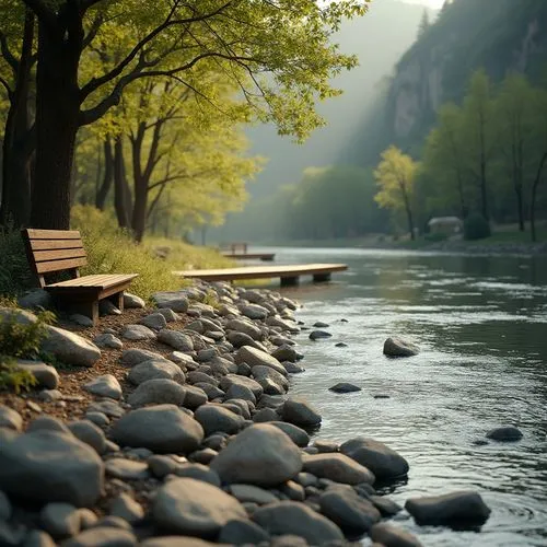 Riverbank, minimalism style, granite rocks, smooth surface, gentle river flow, serene atmosphere, warm sunlight, soft shadows, lush greenery, trees leaning towards the water, few scattered stones, woo