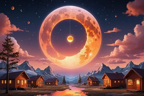 the night sky is painted in shades of orange and pink as the stars twinkle upon the earth. In the foreground, a flickering pop mart style, with a fluffy orange moon and fluffy white clouds, is illumin