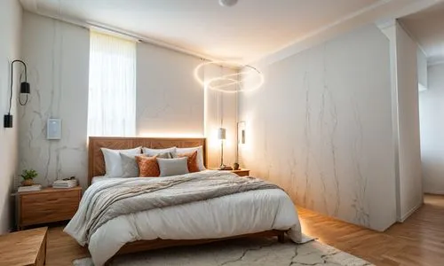 bedroom with bed  and chair  and lightning behind the bed
,modern room,bedroom,guest room,guestroom,modern decor,contemporary decor,wall lamp,kamar,chambre,smartsuite,roominess,headboards,appartment,f